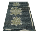 Hand Knotted 5x8 Charcoal and Olive Floral Design Recycled Silk Area Rug
