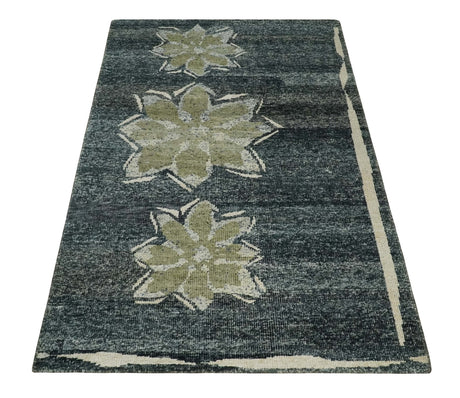 Hand Knotted 5x8 Charcoal and Olive Floral Design Recycled Silk Area Rug