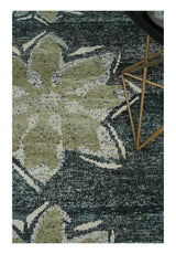 Hand Knotted 5x8 Charcoal and Olive Floral Design Recycled Silk Area Rug