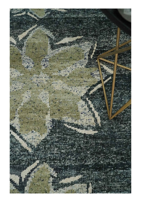 Hand Knotted 5x8 Charcoal and Olive Floral Design Recycled Silk Area Rug