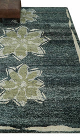 Hand Knotted 5x8 Charcoal and Olive Floral Design Recycled Silk Area Rug
