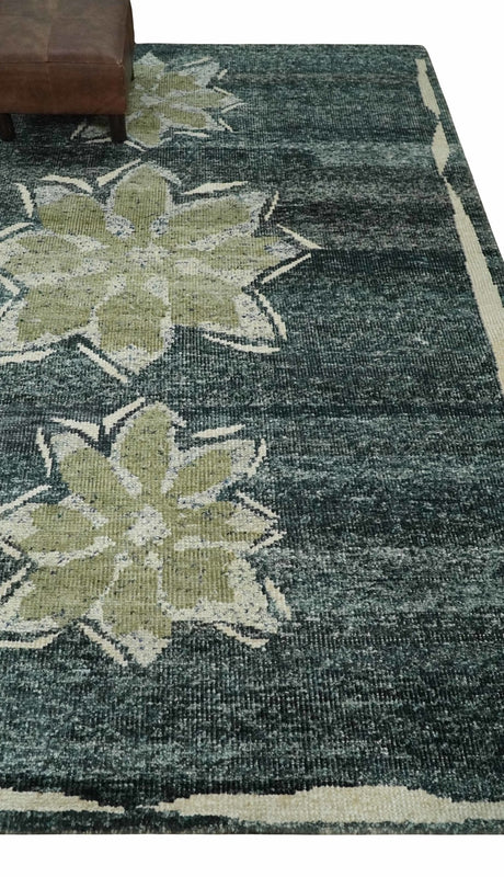 Hand Knotted 5x8 Charcoal and Olive Floral Design Recycled Silk Area Rug