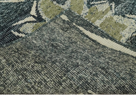 Hand Knotted 5x8 Charcoal and Olive Floral Design Recycled Silk Area Rug