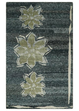Hand Knotted 5x8 Charcoal and Olive Floral Design Recycled Silk Area Rug