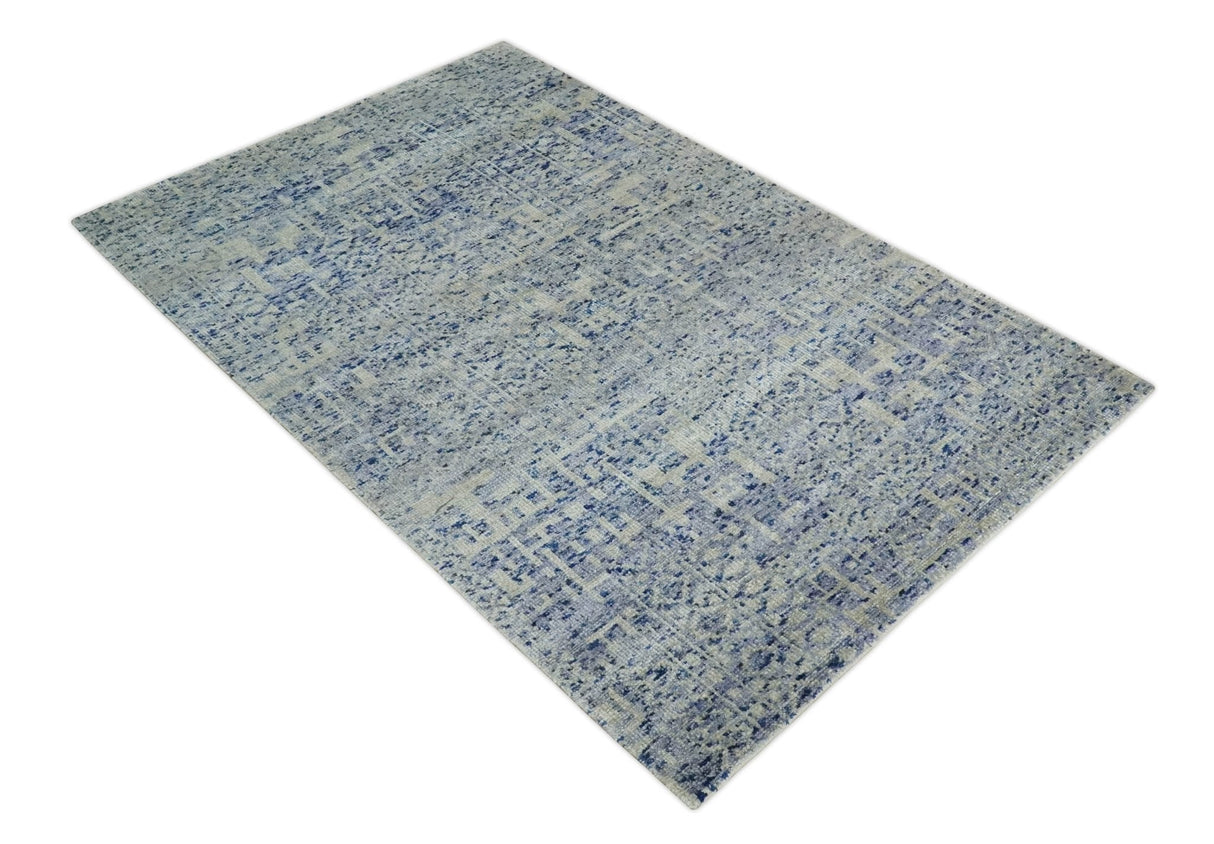 Hand Knotted 5x8 Ivory and Blue Modern Contemporary Recycled Silk Area Rug
