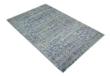 Hand Knotted 5x8 Ivory and Blue Modern Contemporary Recycled Silk Area Rug