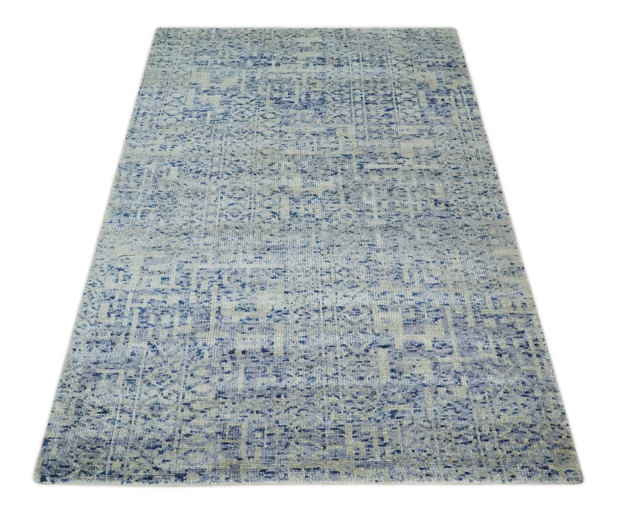 Hand Knotted 5x8 Ivory and Blue Modern Contemporary Recycled Silk Area Rug