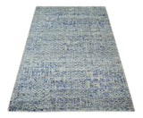 Hand Knotted 5x8 Ivory and Blue Modern Contemporary Recycled Silk Area Rug