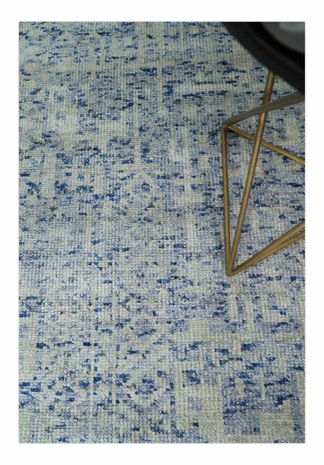 Hand Knotted 5x8 Ivory and Blue Modern Contemporary Recycled Silk Area Rug
