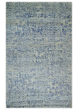 Hand Knotted 5x8 Ivory and Blue Modern Contemporary Recycled Silk Area Rug