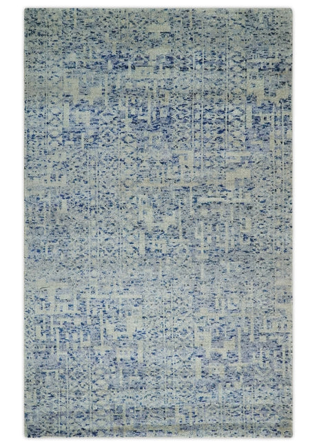 Hand Knotted 5x8 Ivory and Blue Modern Contemporary Recycled Silk Area Rug