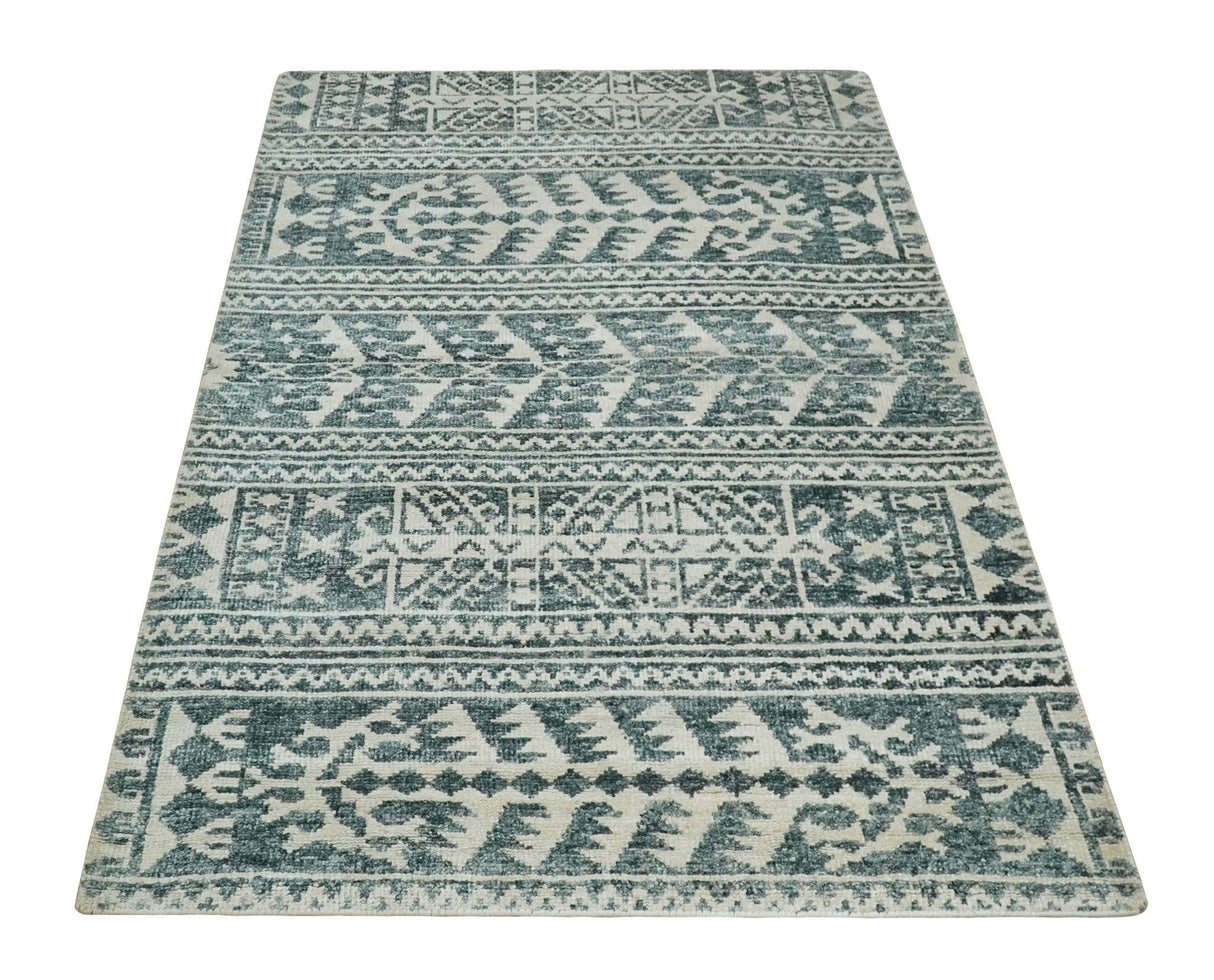 Hand Knotted 5x8 Ivory and Teal Modern Style Recycled Silk Area Rug