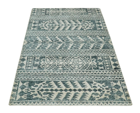 Hand Knotted 5x8 Ivory and Teal Modern Style Recycled Silk Area Rug