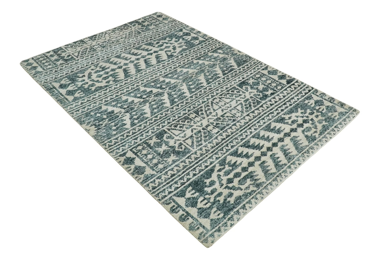 Hand Knotted 5x8 Ivory and Teal Modern Style Recycled Silk Area Rug