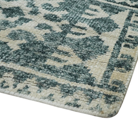 Hand Knotted 5x8 Ivory and Teal Modern Style Recycled Silk Area Rug