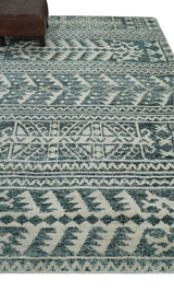 Hand Knotted 5x8 Ivory and Teal Modern Style Recycled Silk Area Rug