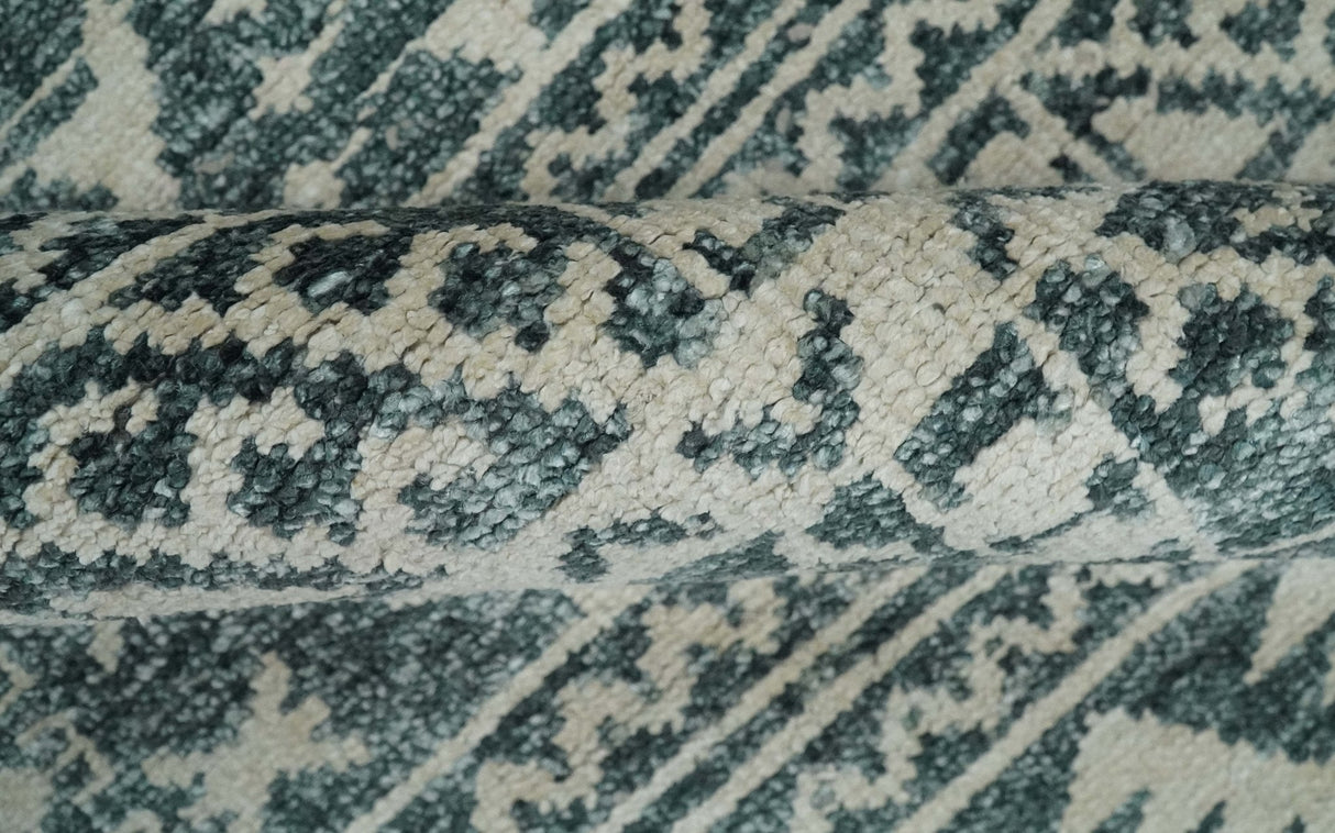 Hand Knotted 5x8 Ivory and Teal Modern Style Recycled Silk Area Rug