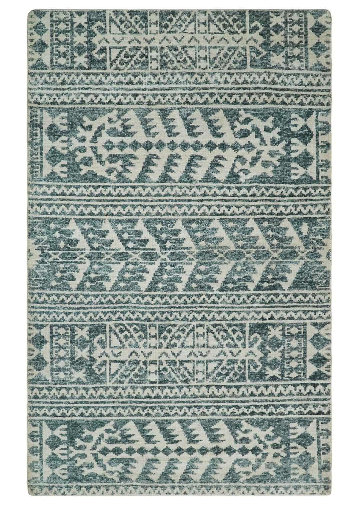 Hand Knotted 5x8 Ivory and Teal Modern Style Recycled Silk Area Rug