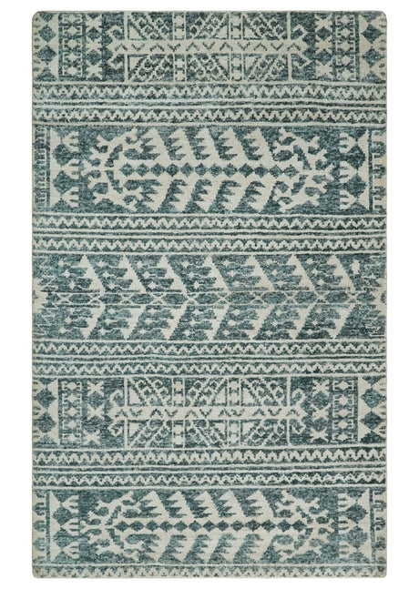 Hand Knotted 5x8 Ivory and Teal Modern Style Recycled Silk Area Rug