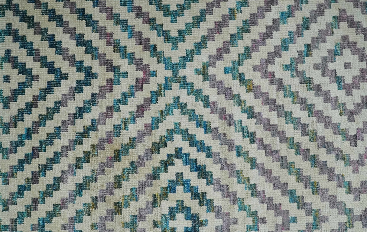 Hand Knotted 5x8 Ivory, Blue and Purple Geometric Style Bamboo Silk Area Rug