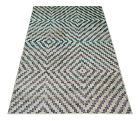 Hand Knotted 5x8 Ivory, Blue and Purple Geometric Style Bamboo Silk Area Rug