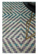 Hand Knotted 5x8 Ivory, Blue and Purple Geometric Style Bamboo Silk Area Rug