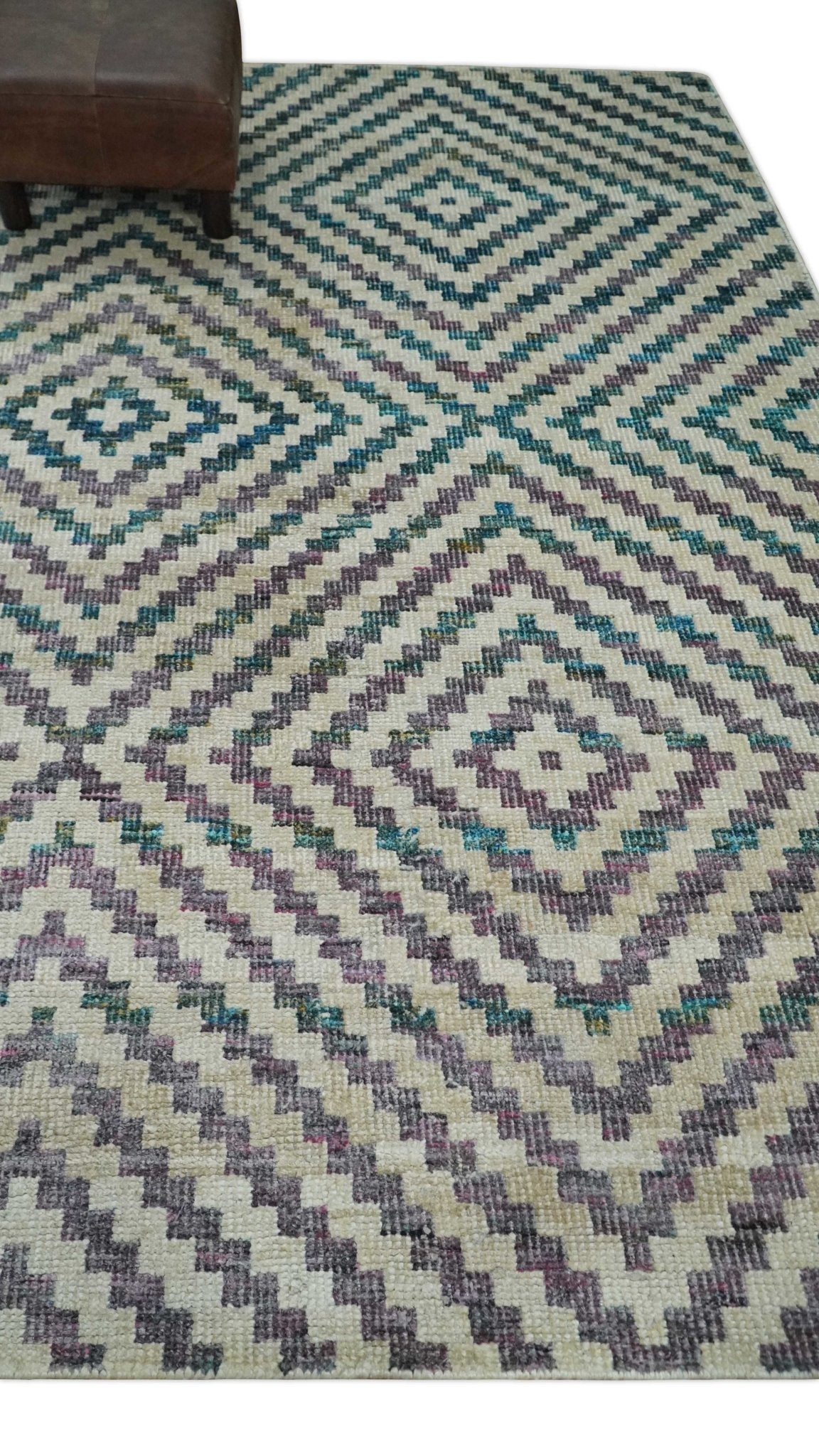 Hand Knotted 5x8 Ivory, Blue and Purple Geometric Style Bamboo Silk Area Rug