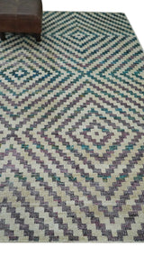 Hand Knotted 5x8 Ivory, Blue and Purple Geometric Style Bamboo Silk Area Rug