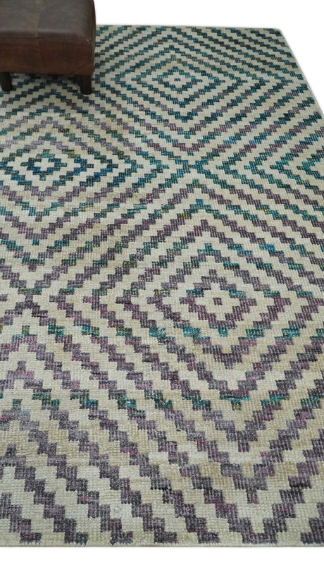 Hand Knotted 5x8 Ivory, Blue and Purple Geometric Style Bamboo Silk Area Rug