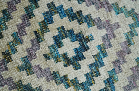 Hand Knotted 5x8 Ivory, Blue and Purple Geometric Style Bamboo Silk Area Rug