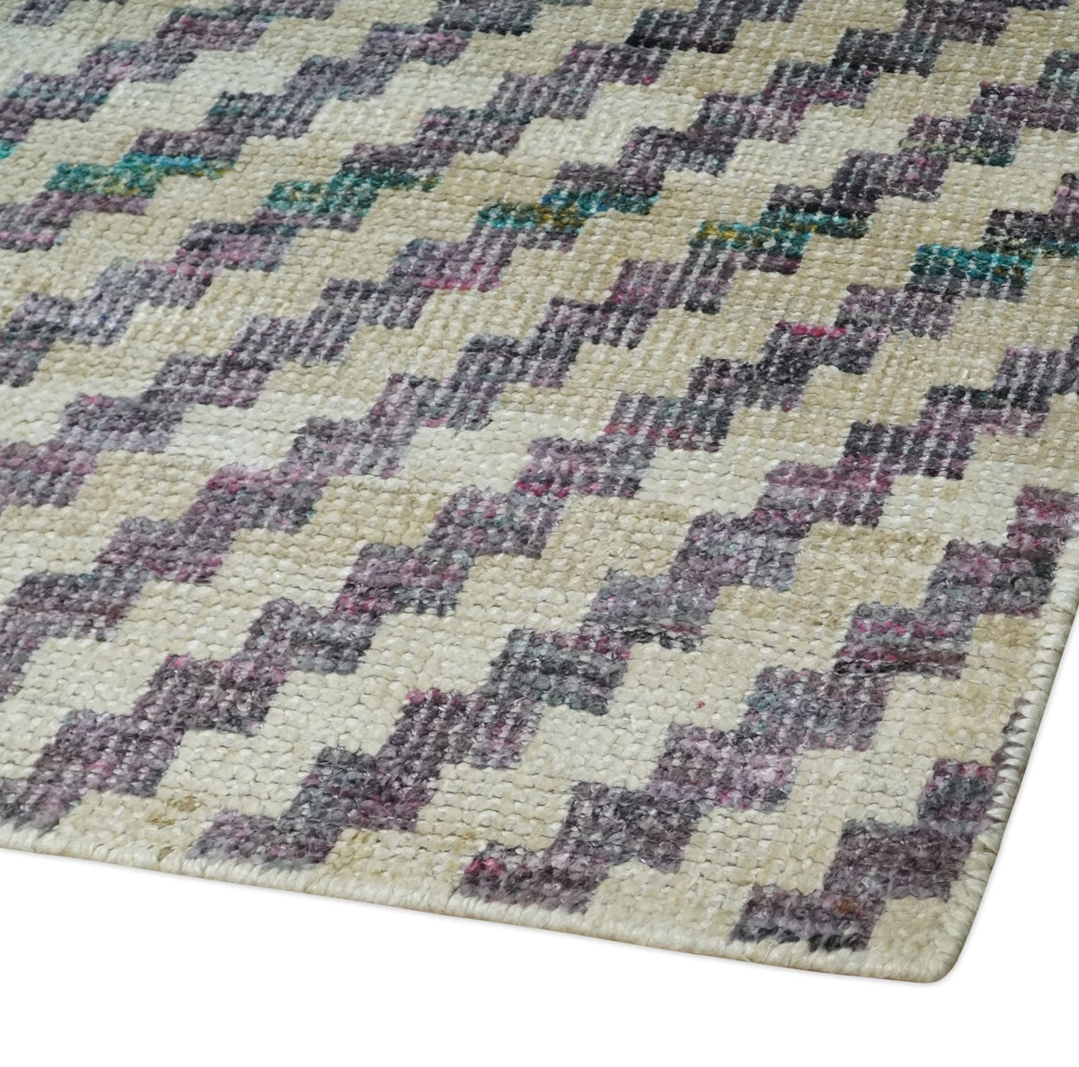 Hand Knotted 5x8 Ivory, Blue and Purple Geometric Style Bamboo Silk Area Rug