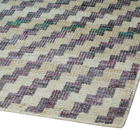 Hand Knotted 5x8 Ivory, Blue and Purple Geometric Style Bamboo Silk Area Rug