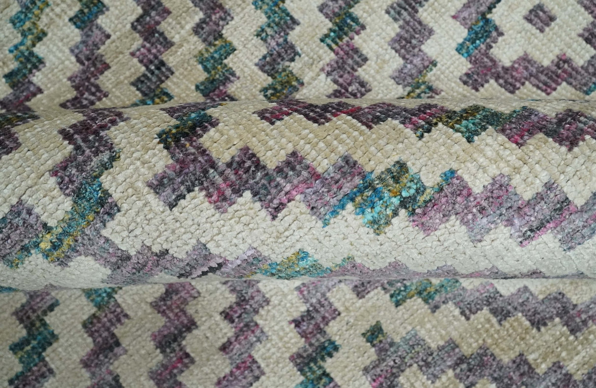 Hand Knotted 5x8 Ivory, Blue and Purple Geometric Style Bamboo Silk Area Rug