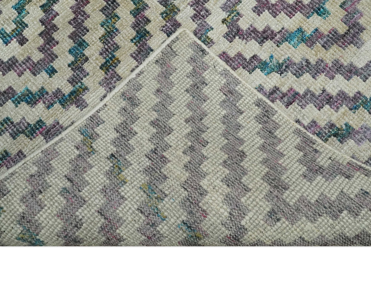 Hand Knotted 5x8 Ivory, Blue and Purple Geometric Style Bamboo Silk Area Rug