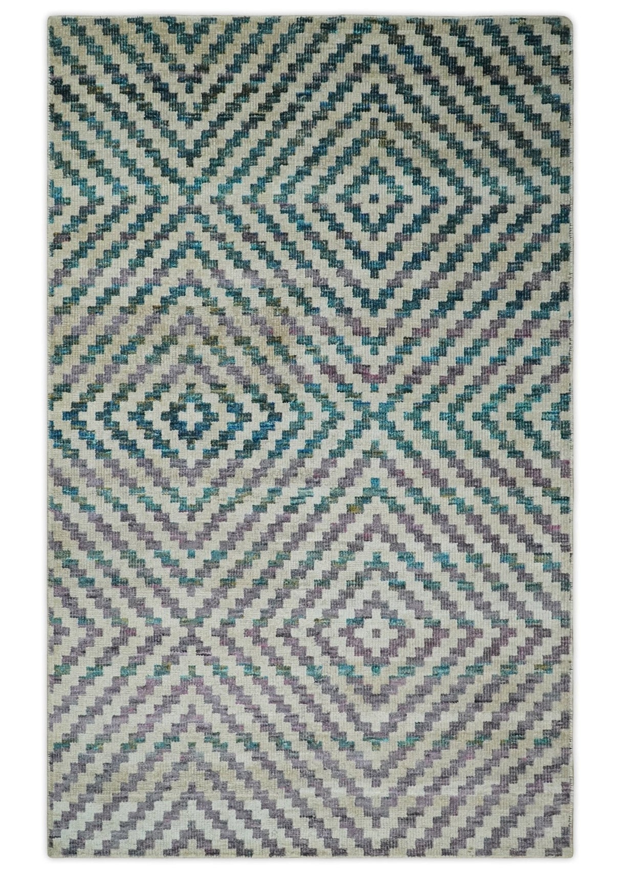 Hand Knotted 5x8 Ivory, Blue and Purple Geometric Style Bamboo Silk Area Rug