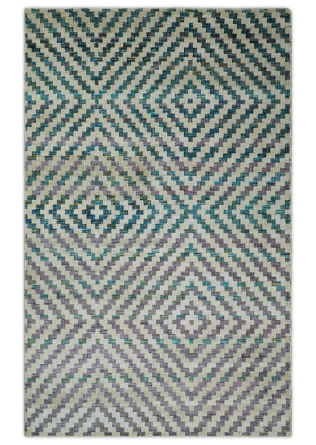 Hand Knotted 5x8 Ivory, Blue and Purple Geometric Style Bamboo Silk Area Rug