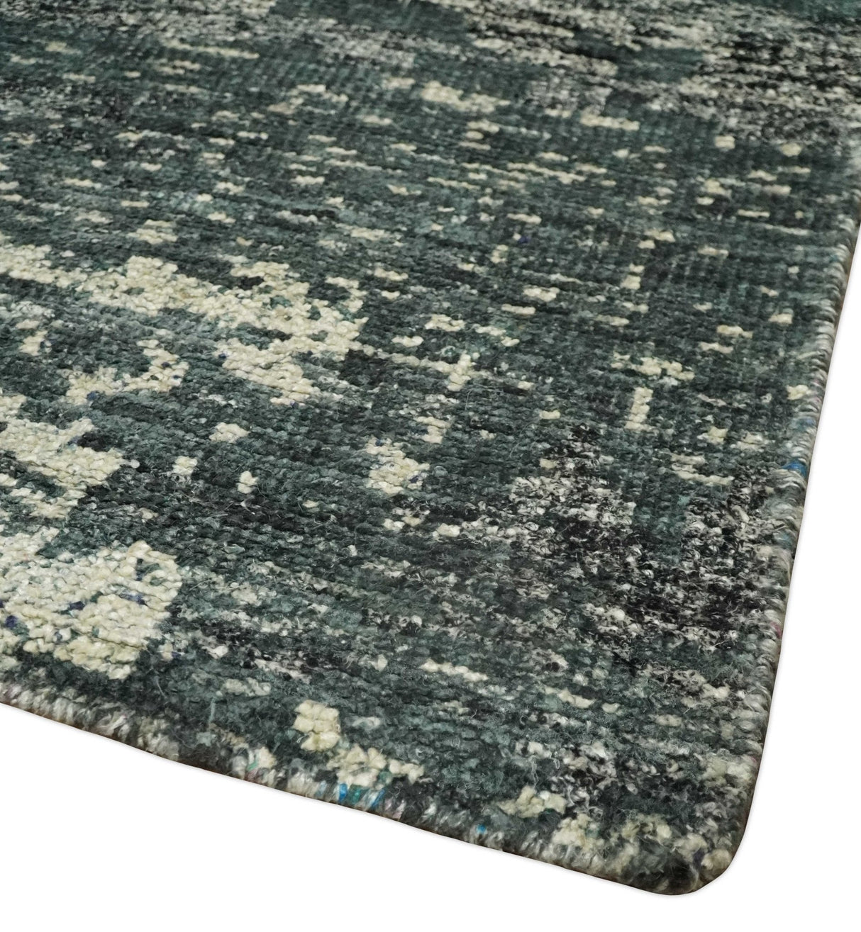 Hand Knotted 5x8 Ivory, moss green and Black Modern Abstract Recycled Silk Area Rug