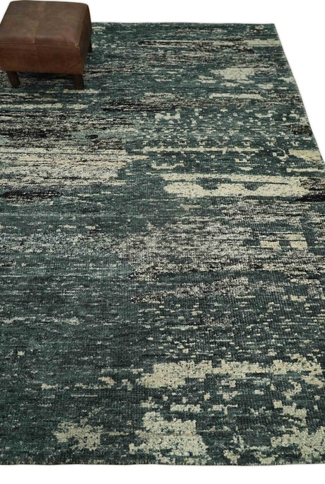 Hand Knotted 5x8 Ivory, moss green and Black Modern Abstract Recycled Silk Area Rug