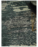 Hand Knotted 5x8 Ivory, moss green and Black Modern Abstract Recycled Silk Area Rug