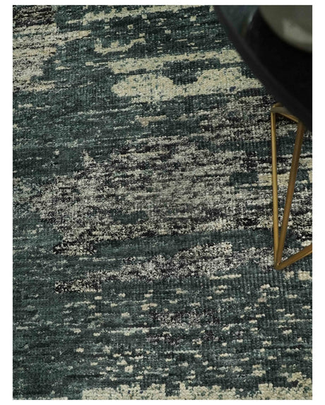 Hand Knotted 5x8 Ivory, moss green and Black Modern Abstract Recycled Silk Area Rug