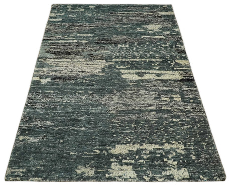 Hand Knotted 5x8 Ivory, moss green and Black Modern Abstract Recycled Silk Area Rug