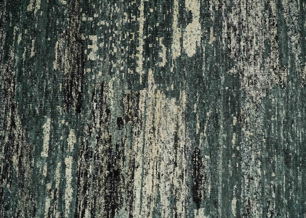 Hand Knotted 5x8 Ivory, moss green and Black Modern Abstract Recycled Silk Area Rug