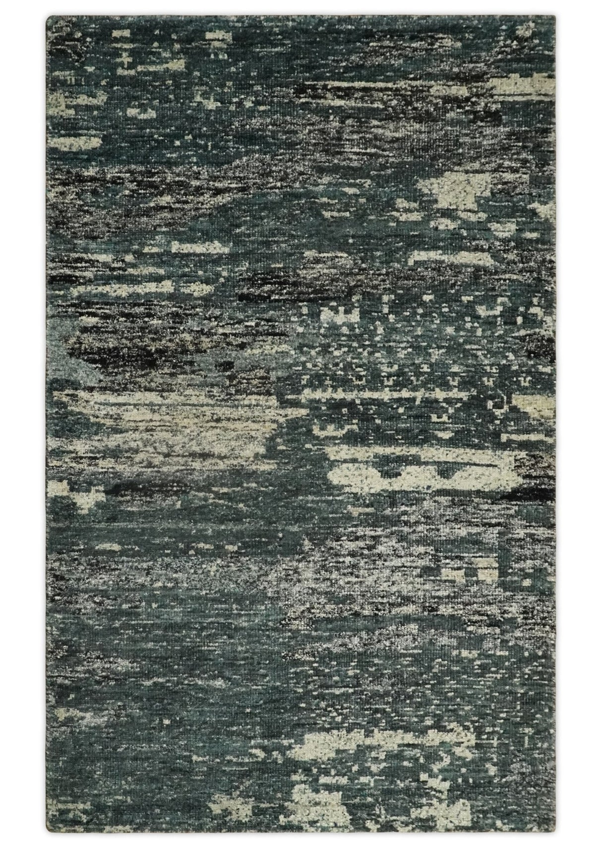 Hand Knotted 5x8 Ivory, moss green and Black Modern Abstract Recycled Silk Area Rug