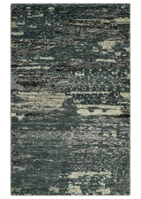 Hand Knotted 5x8 Ivory, moss green and Black Modern Abstract Recycled Silk Area Rug