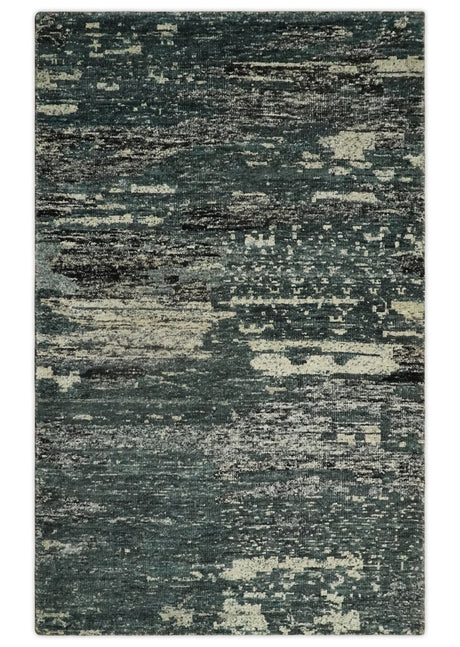 Hand Knotted 5x8 Ivory, moss green and Black Modern Abstract Recycled Silk Area Rug