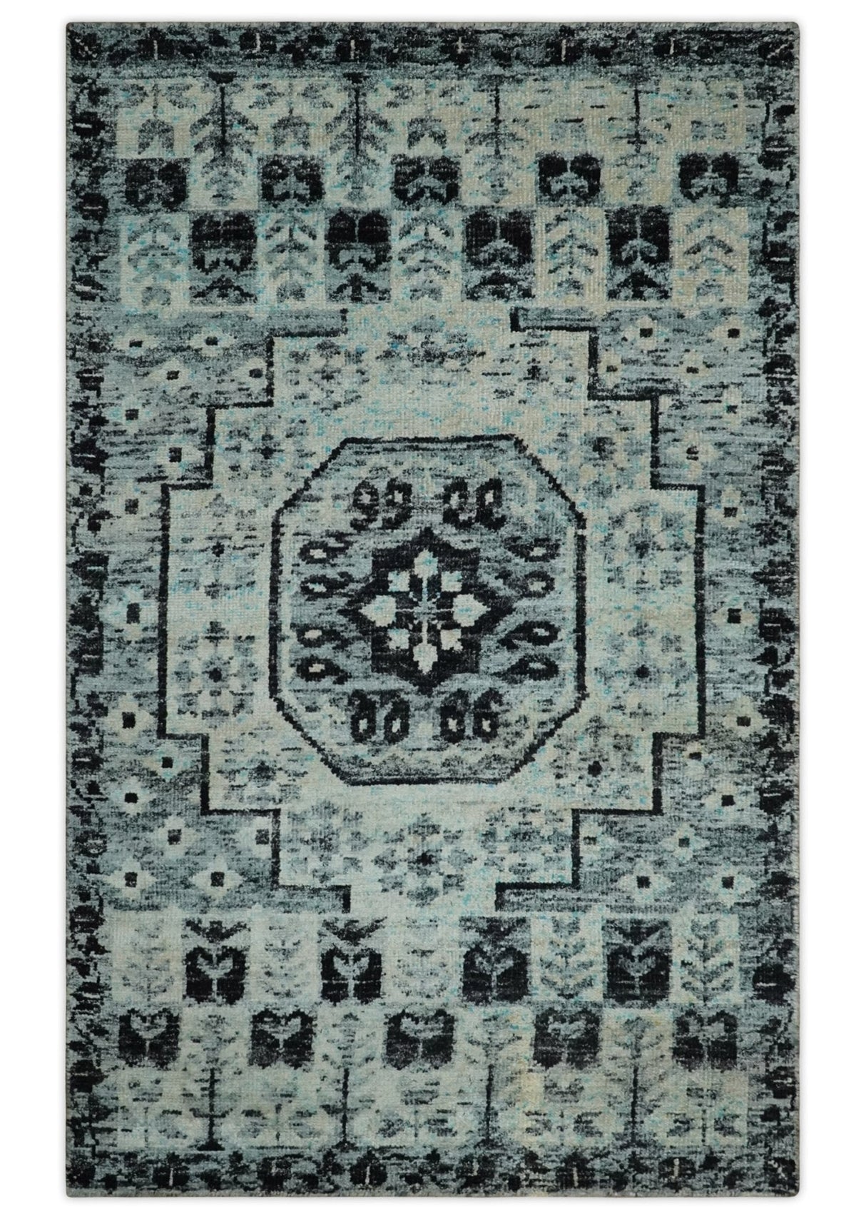 Hand Knotted 5x8 Ivory, Silver and Black Antique Persian Geometric Style Contemporary Bamboo Silk Area Rug | OP110