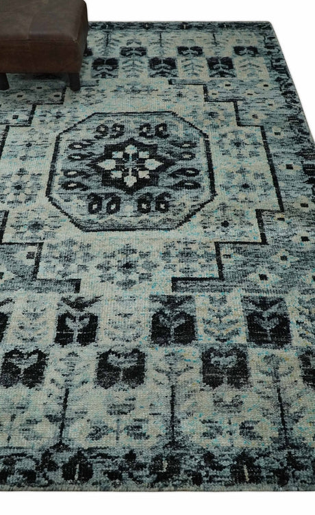 Hand Knotted 5x8 Ivory, Silver and Black Geometric Style Bamboo Silk Area Rug
