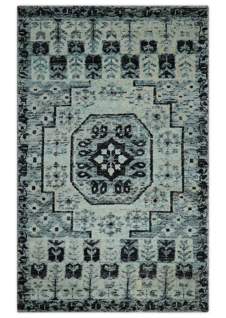 Hand Knotted 5x8 Ivory, Silver and Black Geometric Style Bamboo Silk Area Rug