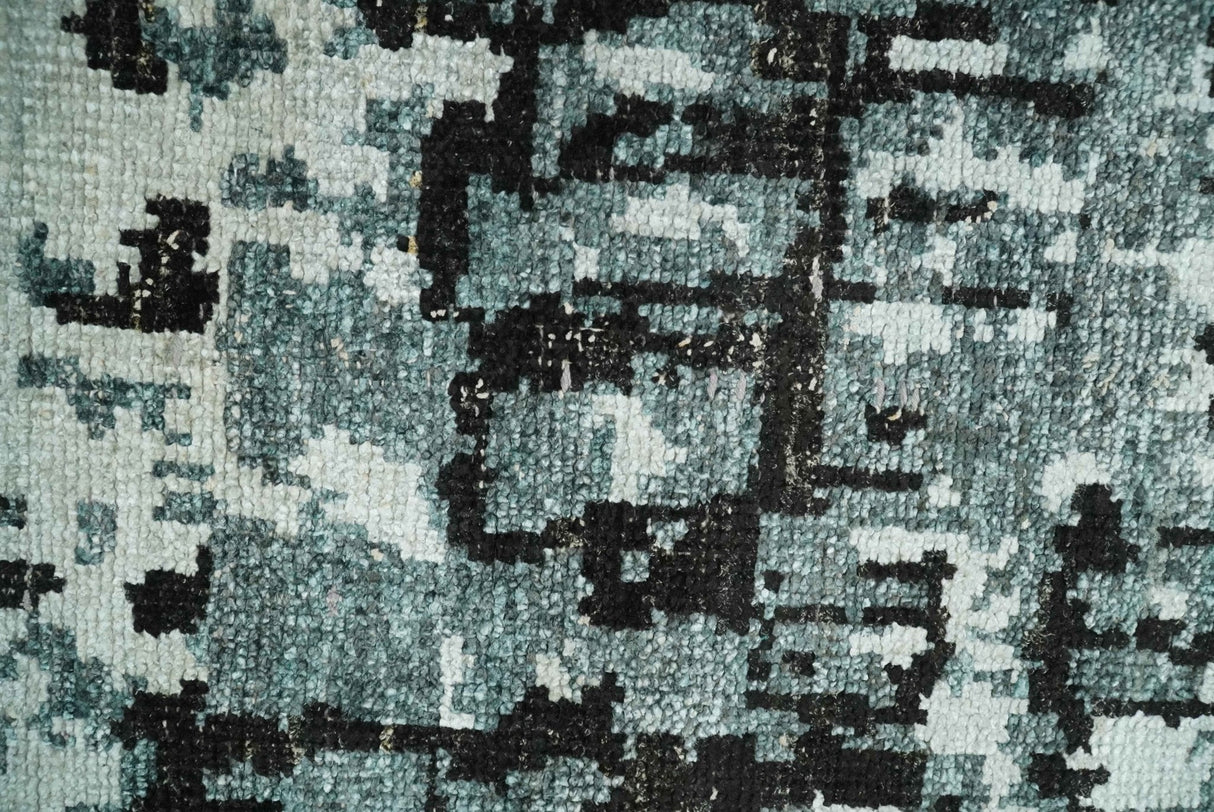 Hand Knotted 5x8 Ivory, Teal and Black Modern Abstract Recycled Silk Area Rug