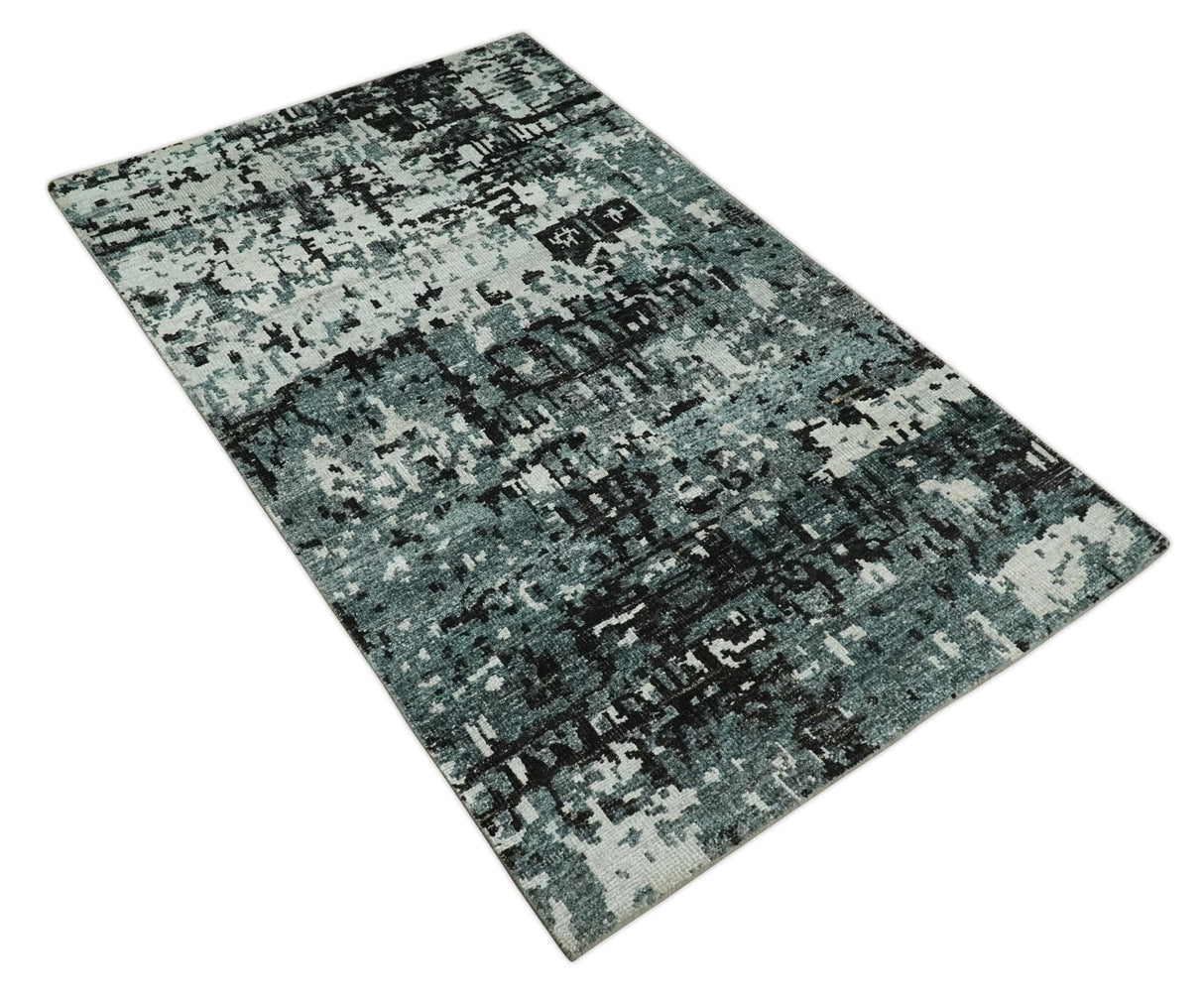 Hand Knotted 5x8 Ivory, Teal and Black Modern Abstract Recycled Silk Area Rug